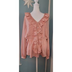 Boston Proper Blouse Darling Ruffled Women's Large Dusty Rose Cold Sholder Peplu